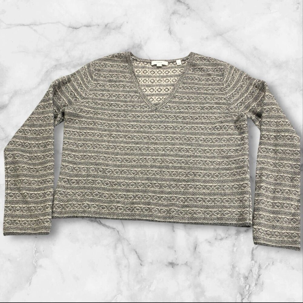 Vince Women's 100% Cashmere Pullover Sweater Sz‎ Large Fair Isle V-Neck